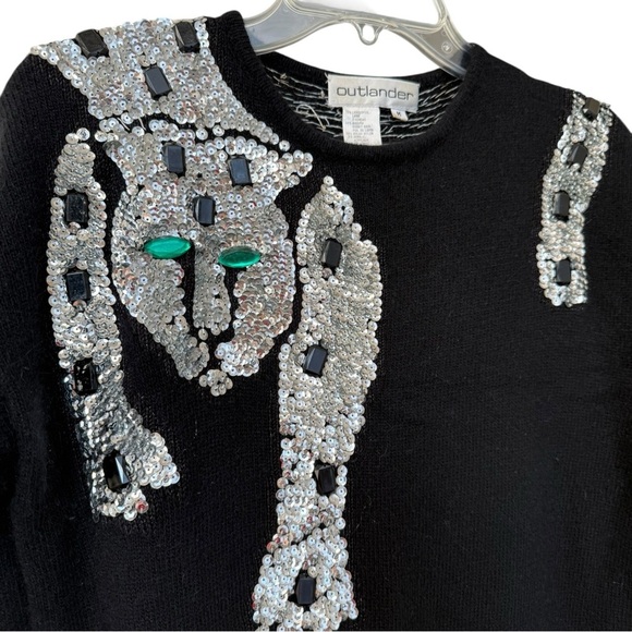 Vintage 80s Sequin Lambswool Leopard Cat Sweater Dress Size Medium Black Glam - Picture 3 of 8
